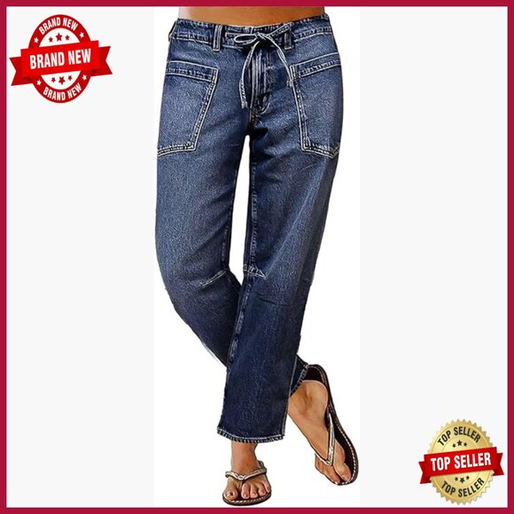 Mid Waist Straight Leg Cropped Jeans with Drawstring Stretchy Denim